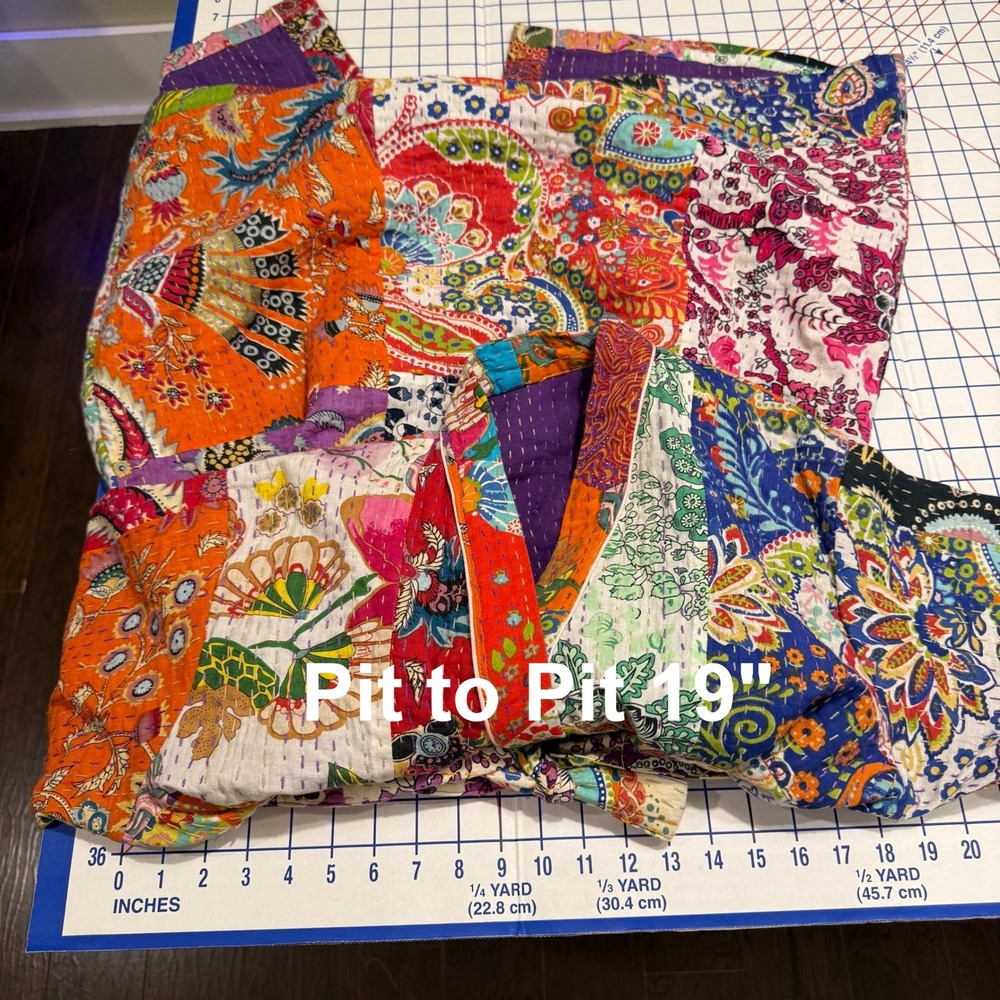 Handmade Kantha Quilt Robe Women OS Multi Patchwork Cotton Kimono Jacket Boho - Picture 6 of 13